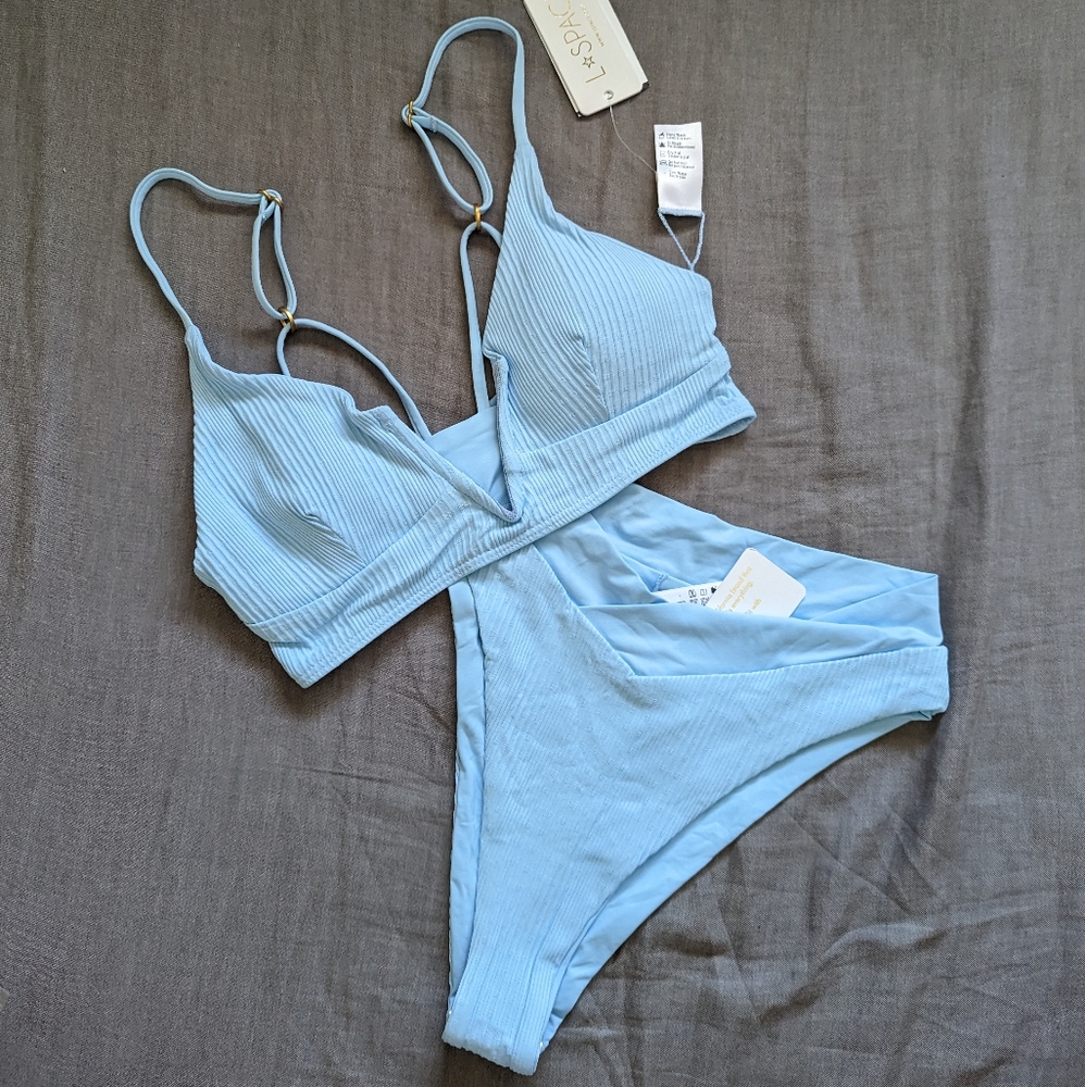 L*Space Siren Top Court Bottoms Bikini Set Pointelle Ribbed Sky Blue